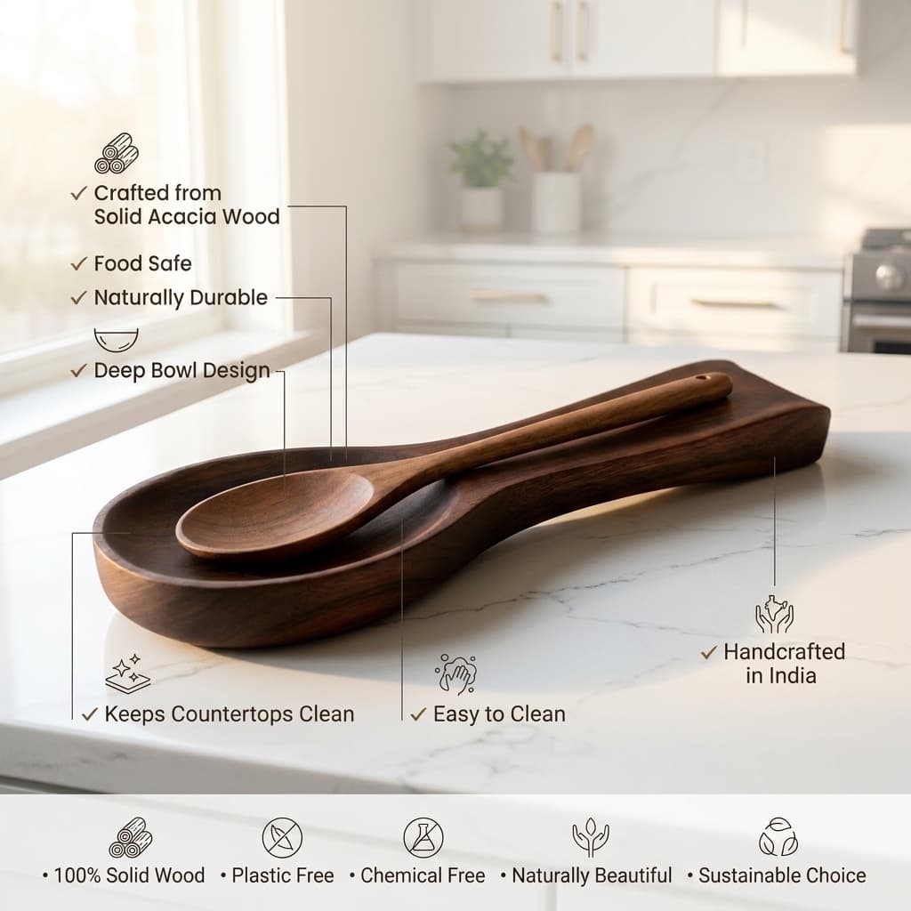 A dark brown wooden spoon rest with an integrated spoon, shown on a white marble kitchen countertop with a blurred kitchen background. Text callouts highlight features such as solid acacia wood construction, food safety, durability, deep bowl design, and handcrafted quality.