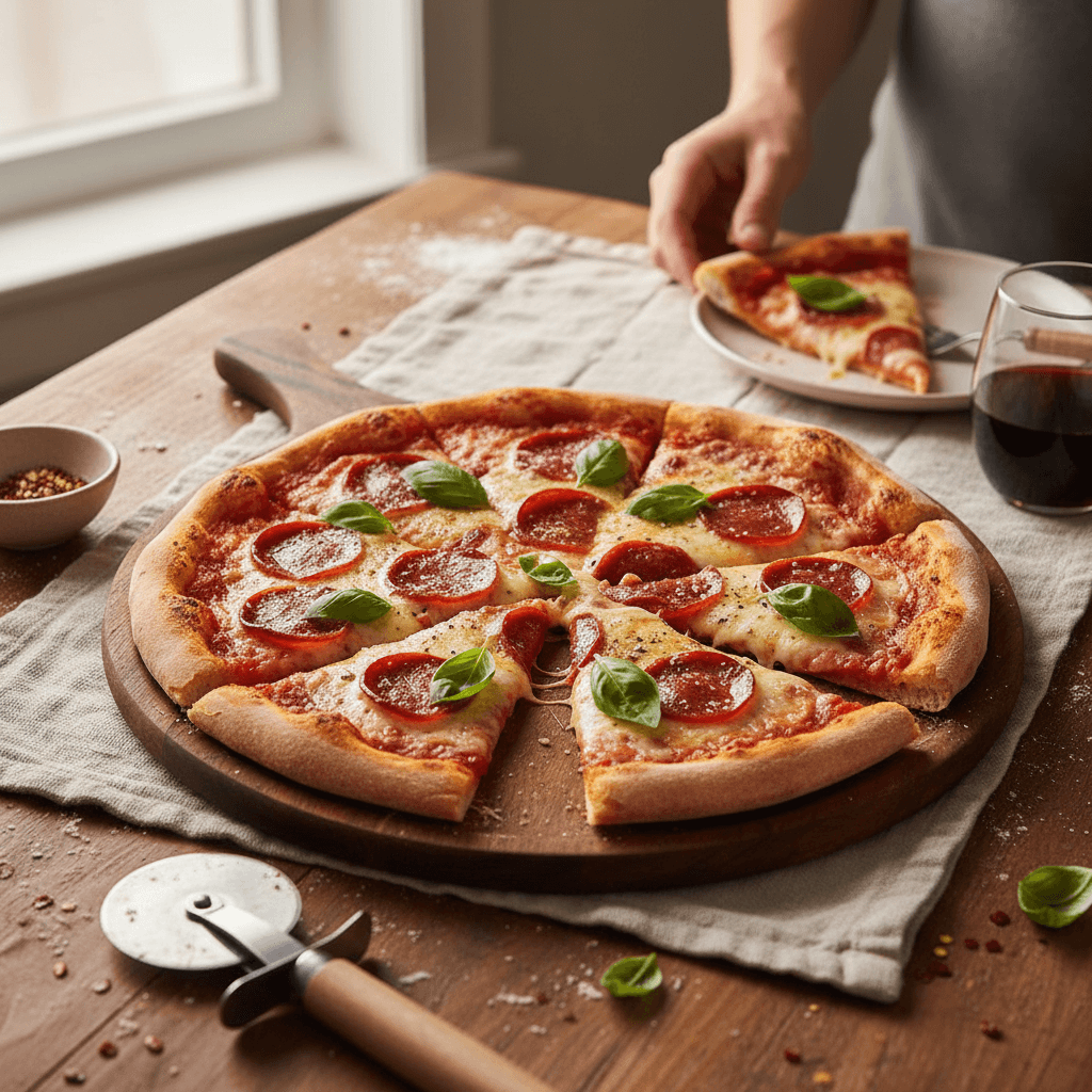 Pepperoni pizza on a wooden board with a slice being served, on a wooden table.