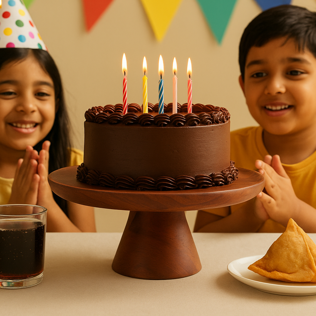 Two children at a birthday party with a chocolate cake and candles.
