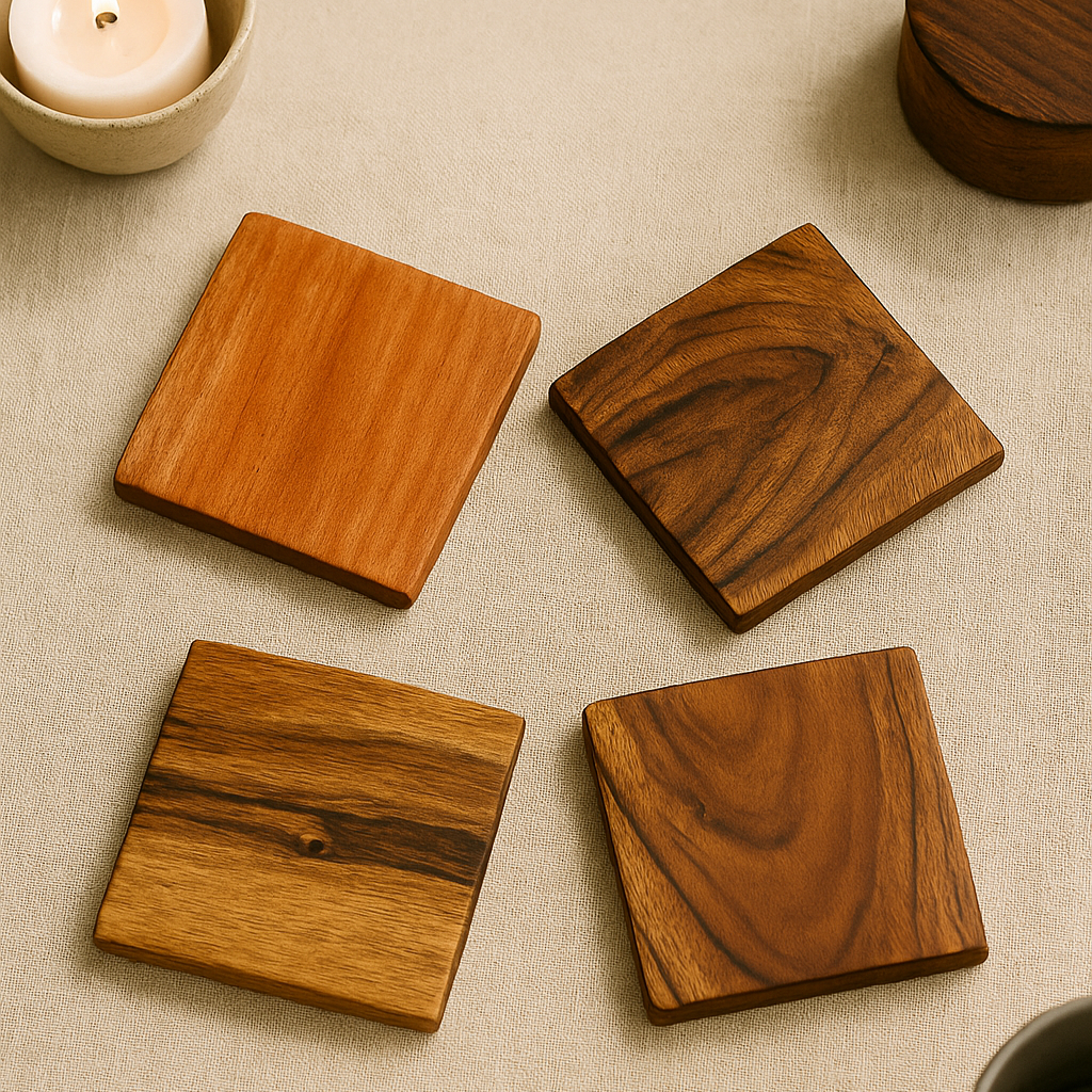 Four wooden coasters on a beige surface with a candle and mug.