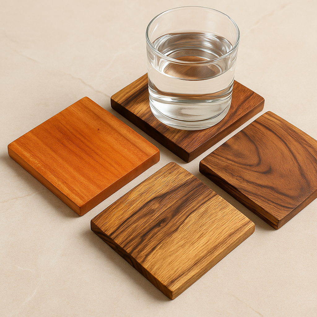 Set of wooden coasters with a glass of water on a beige background