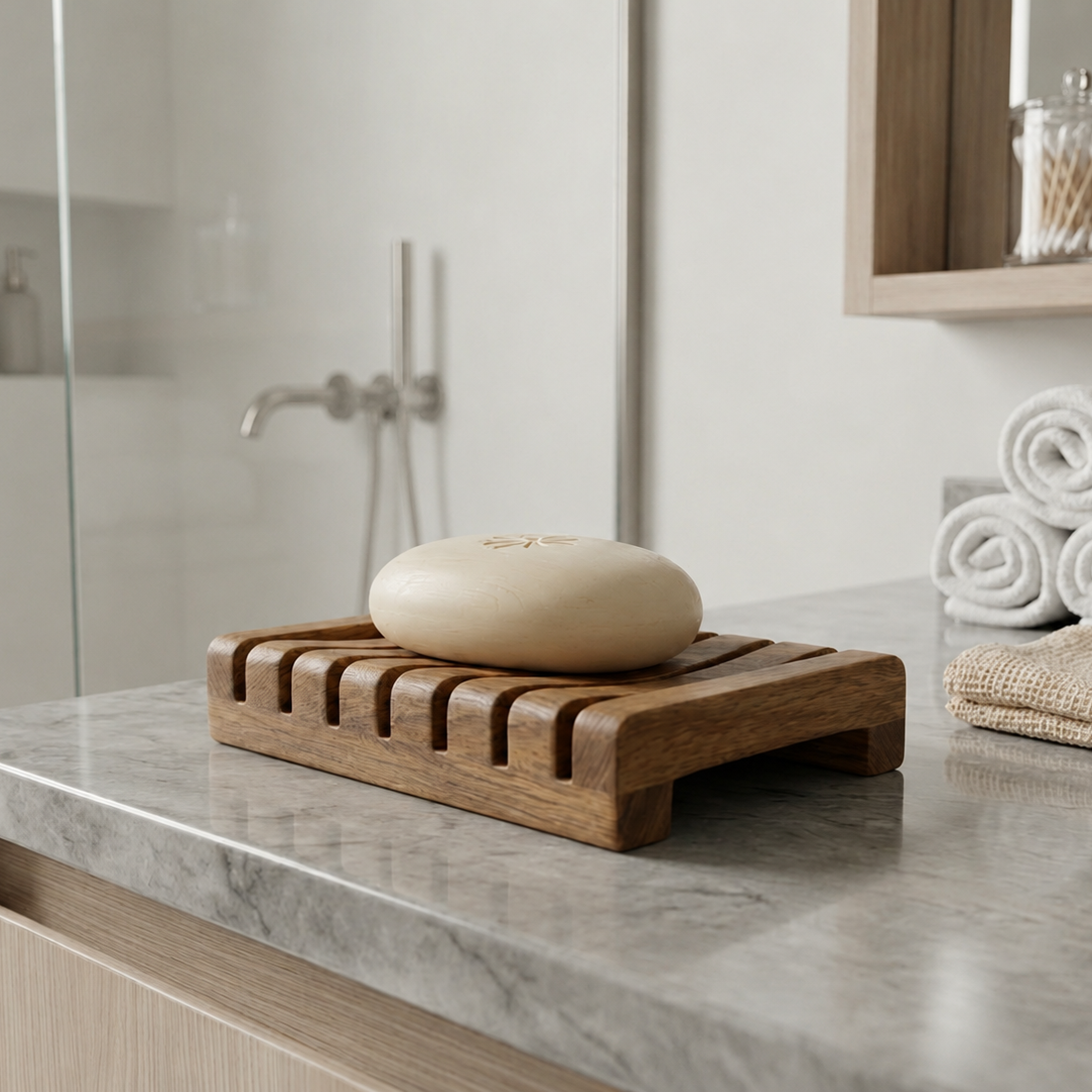 A rectangular wooden soap dish holding a round beige soap bar, placed on a marble bathroom countertop with folded white towels and a glass shower enclosure in the background.