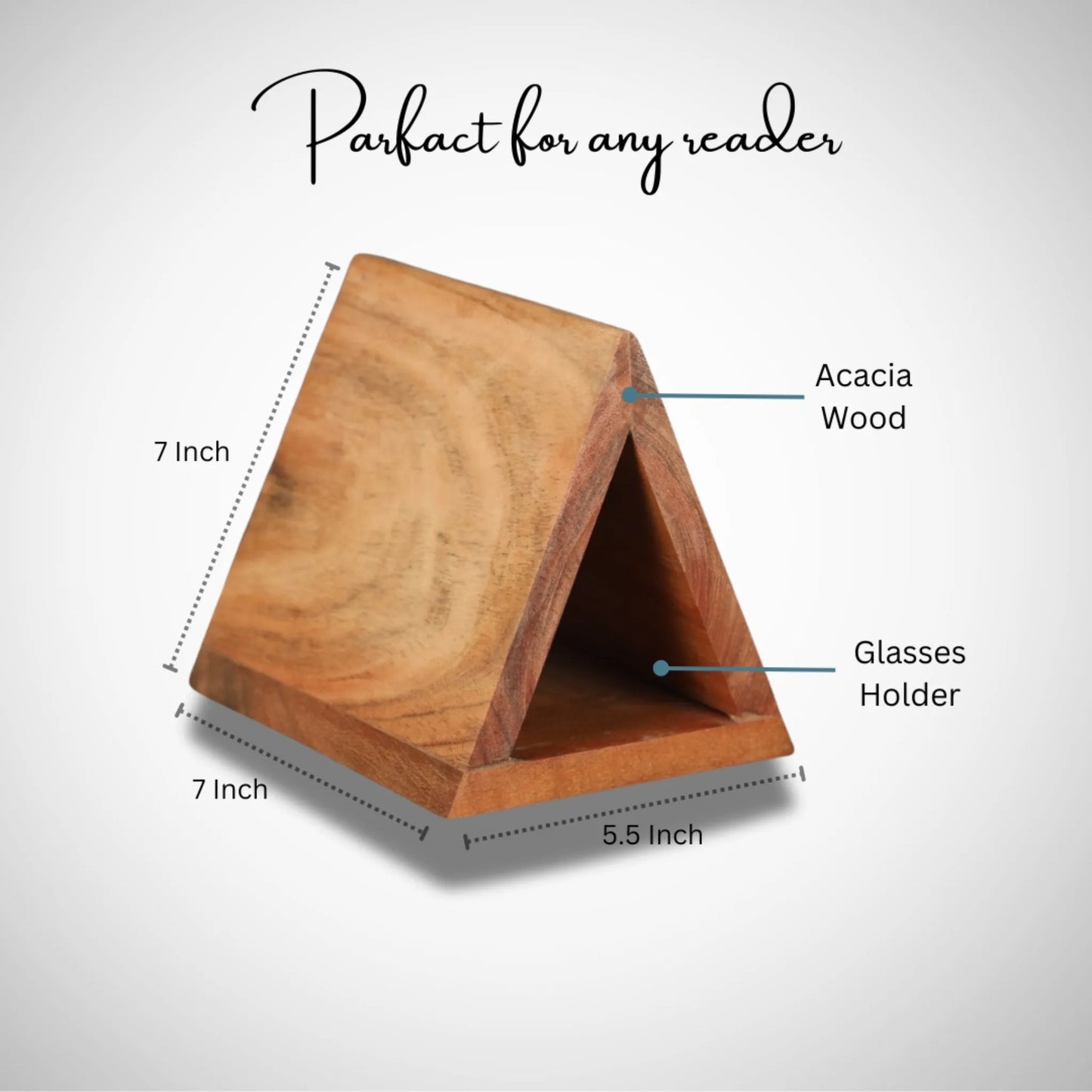 Close-up of the rich acacia wood grain and smooth edges of the triangular holder.