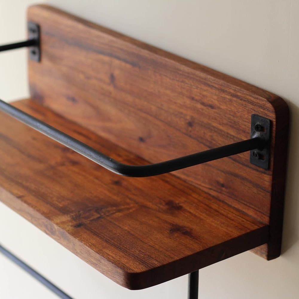 Side view of the wall-mounted wooden rack displaying kitchen accessories, emphasizing depth and build quality.