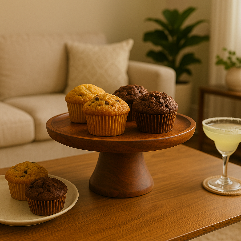 Wooden cake stand with muffins on a table next to a cocktail.