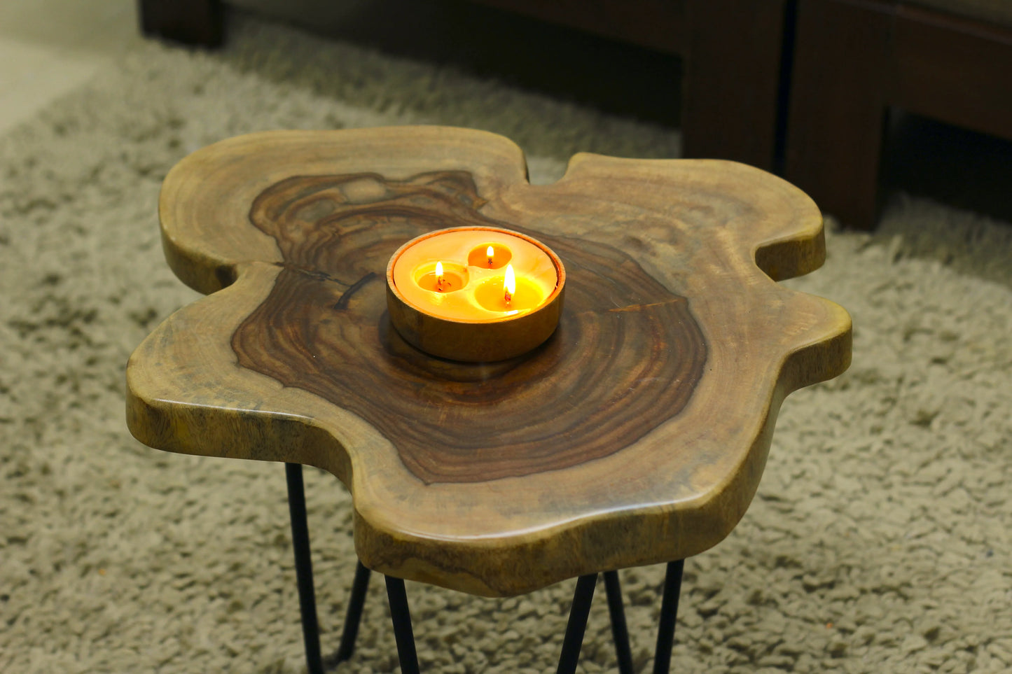 Live Edge Side Table | Sheesham Wood with Hairpin Legs (18 inch Diameter * 18 Inch Height)