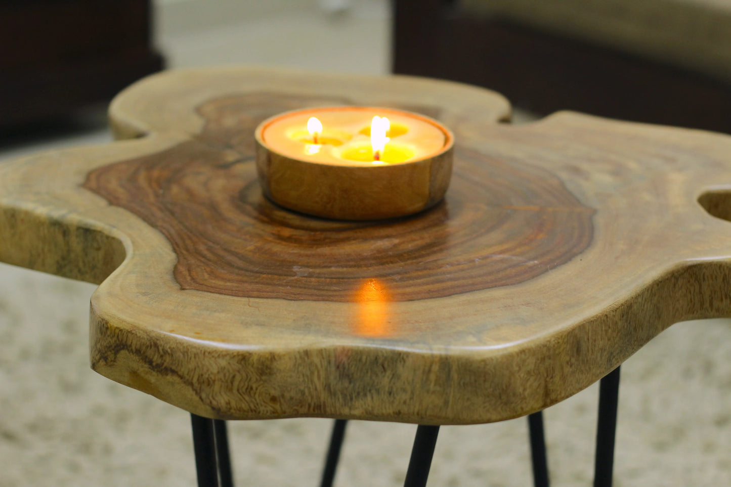 Live Edge Side Table | Sheesham Wood with Hairpin Legs (18 inch Diameter * 18 Inch Height)