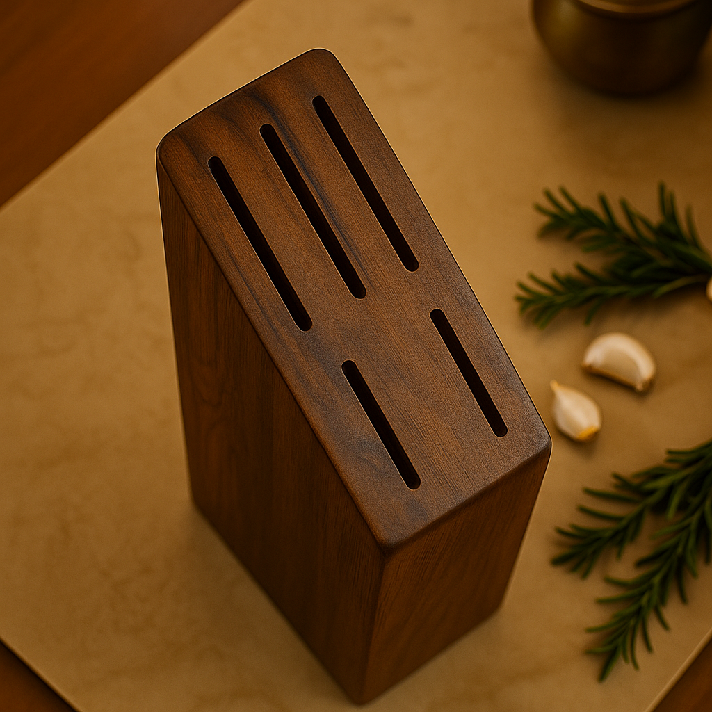 Wooden knife block on a wooden surface with garlic and rosemary.