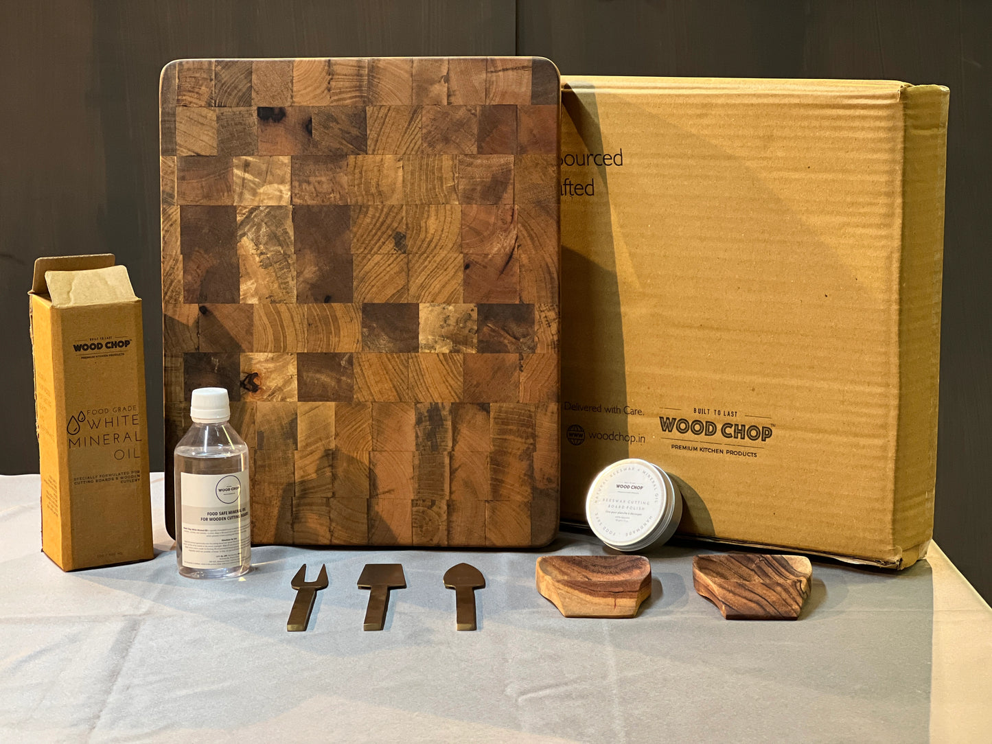 The gift set displayed open on a countertop with kitchen decor, perfect for festive or culinary gifting.
