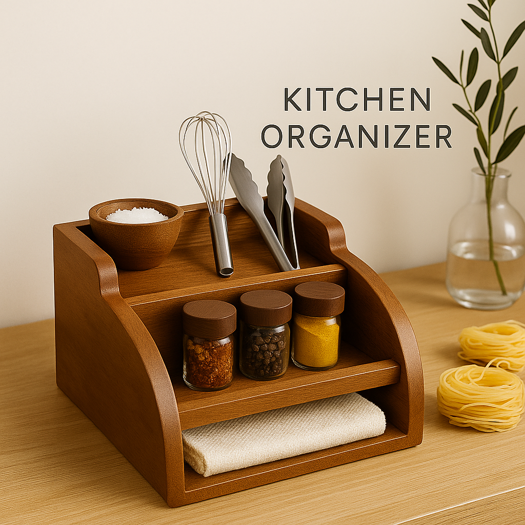 Wooden kitchen organizer with utensils and jars on a wooden surface.