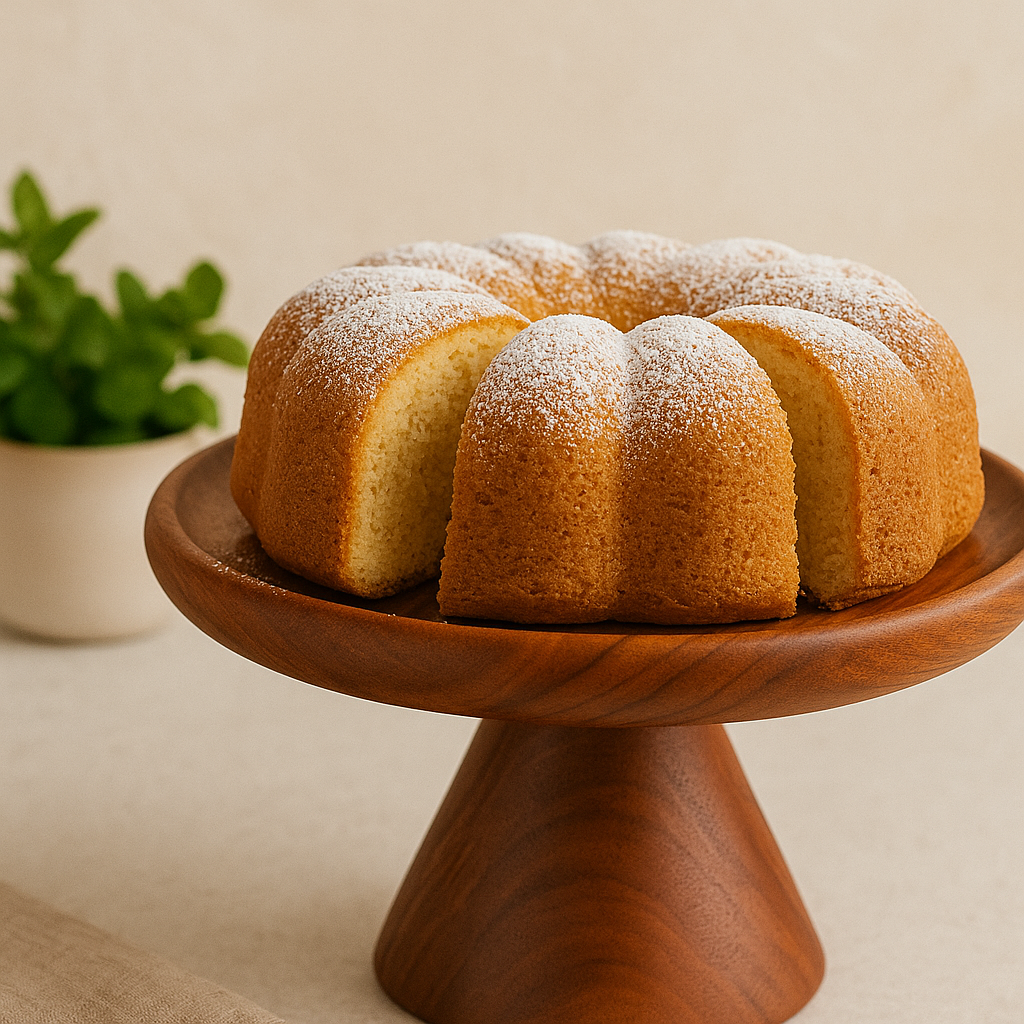 Bundt cake on a wooden stand with a plant in the background