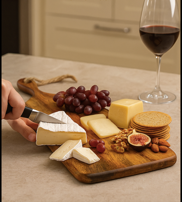 Wooden cutting board with assorted cheeses, fruits, and crackers on a table with a glass of red wine.
