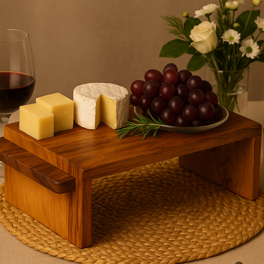 Wooden cheese board with cheese, grapes, and a glass of red wine on a table.