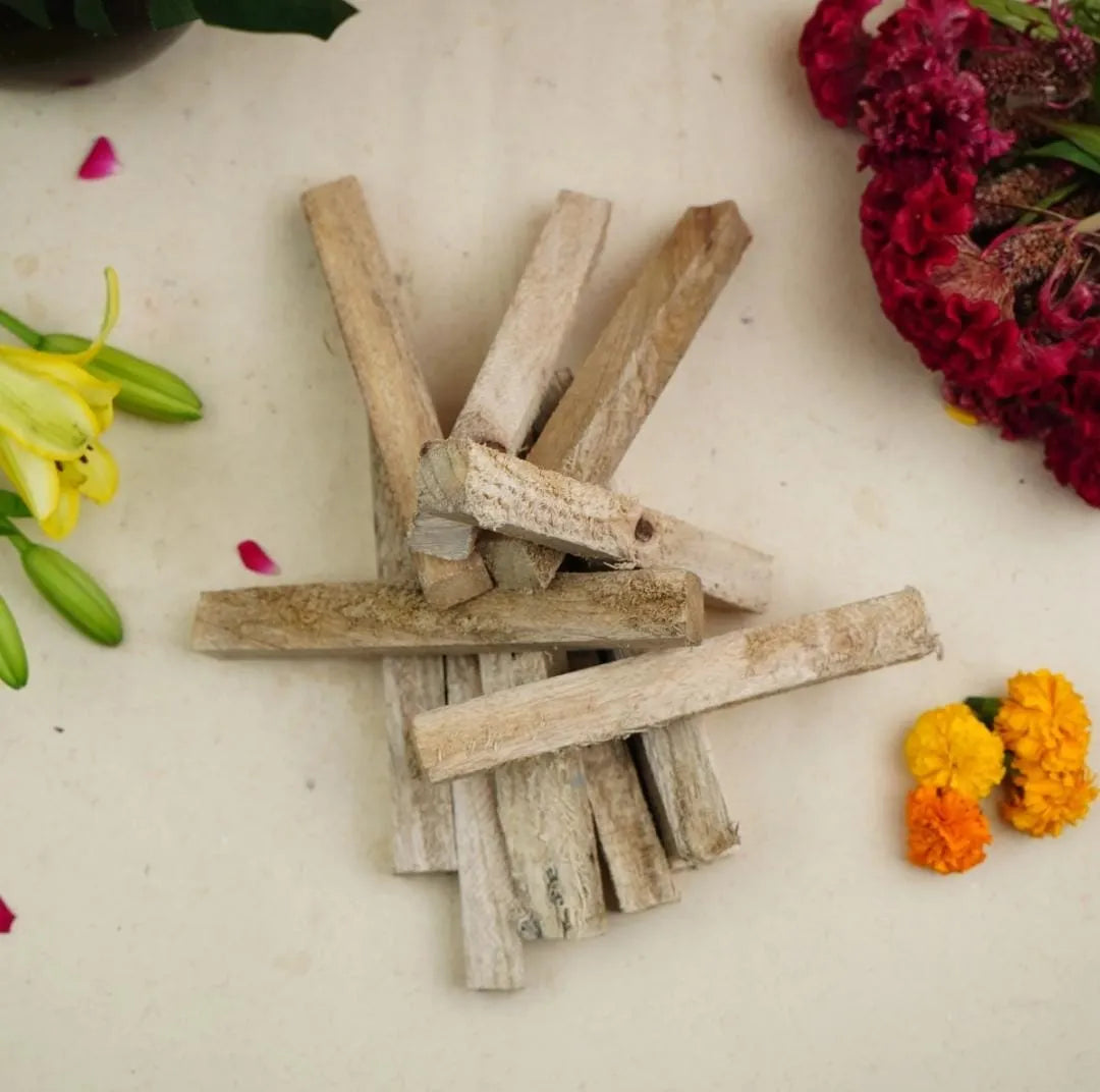 Sacred mango wood arranged with other Hawan samagri items like ghee and herbs.