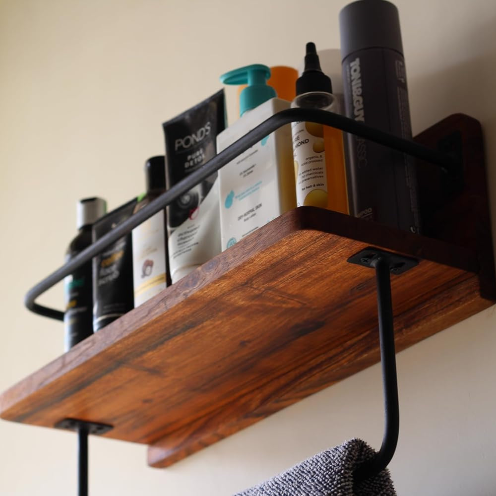 Empty wall-mounted acacia shelf showcasing its minimalist, natural look and versatile placement options.