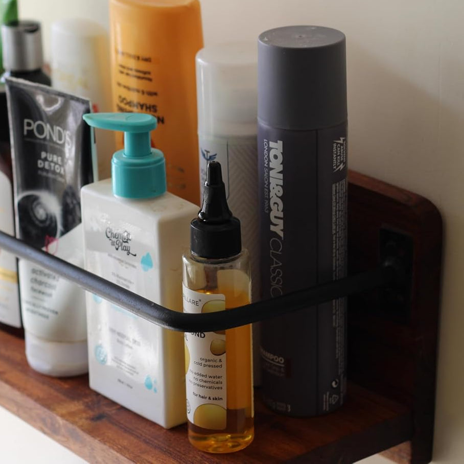 Empty wall-mounted acacia shelf showcasing its minimalist, natural look and versatile placement options.