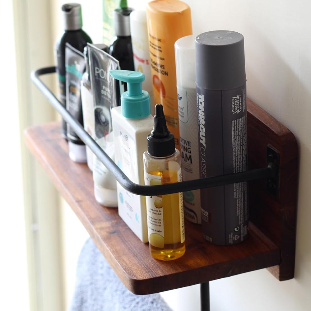 Top-down perspective of the wooden shelf showing its 17.5 x 7.5 inch dimensions and sturdy surface.