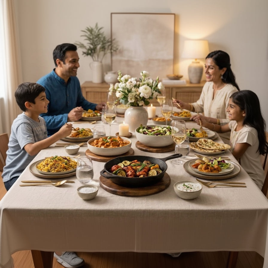 A family of five shares a meal together at a dining table laden with various dishes, set in a warm, beautifully decorated home interior.
