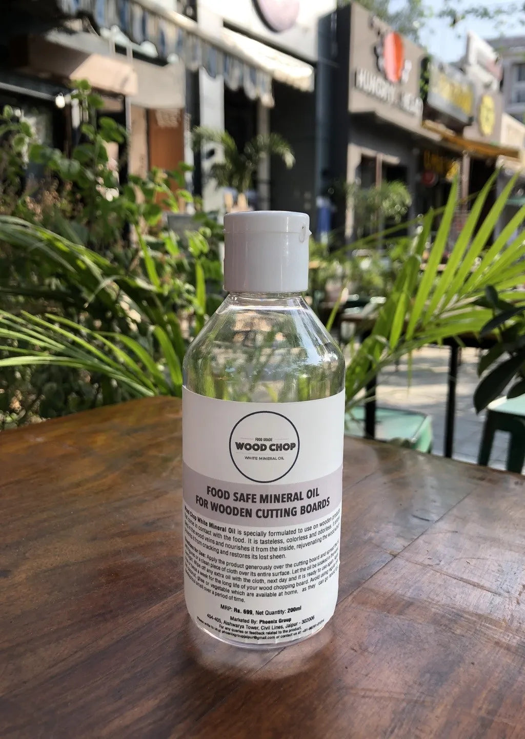 Close-up of label reading “White Mineral Oil – Food Grade – Wood Conditioner.