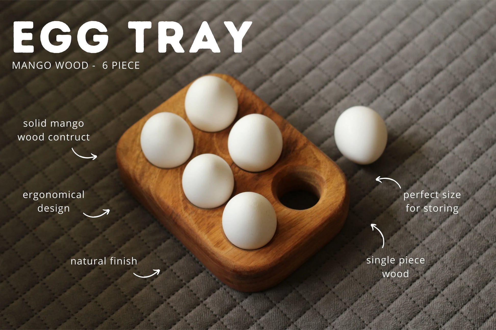 Close-up of smooth wood grain and food-grade finish on the egg tray surface.