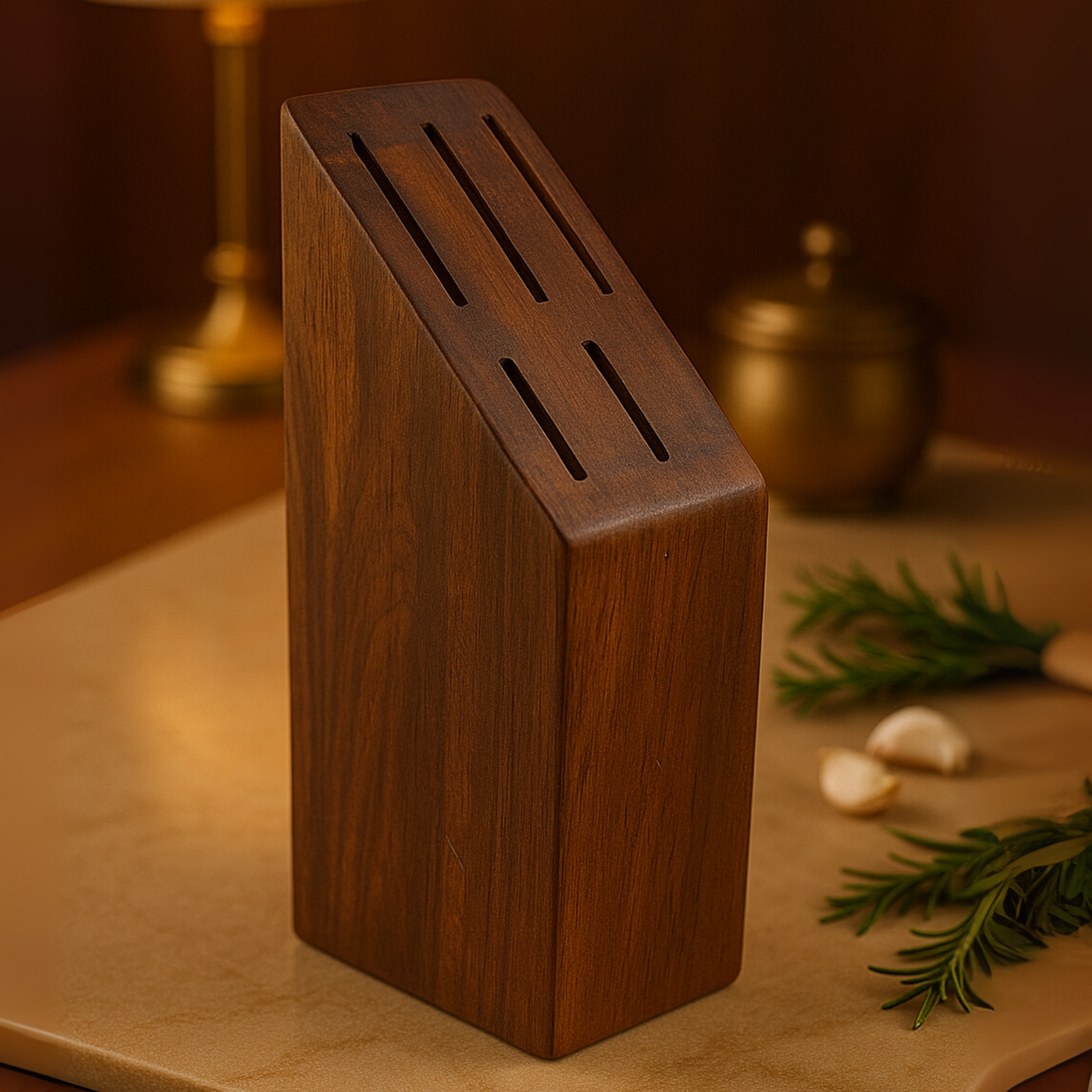 Wooden knife block on a wooden surface with garlic and herbs