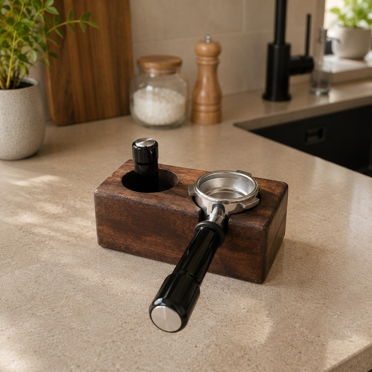 Premium Acacia Wood Espresso Station Combo | Knock Box + Portafilter Holder & Tamping Station