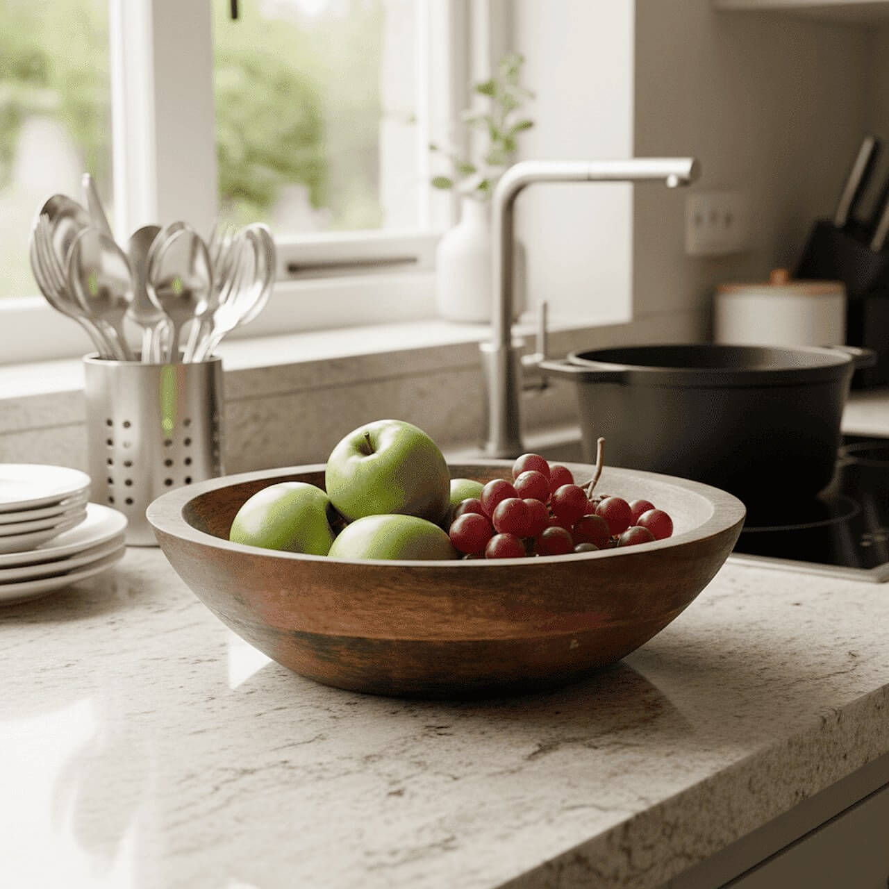 Wooden bowl with apples and grapes on a kitchen counter