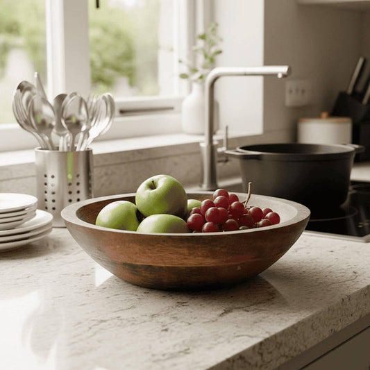 Wooden bowl with apples and grapes on a kitchen counter