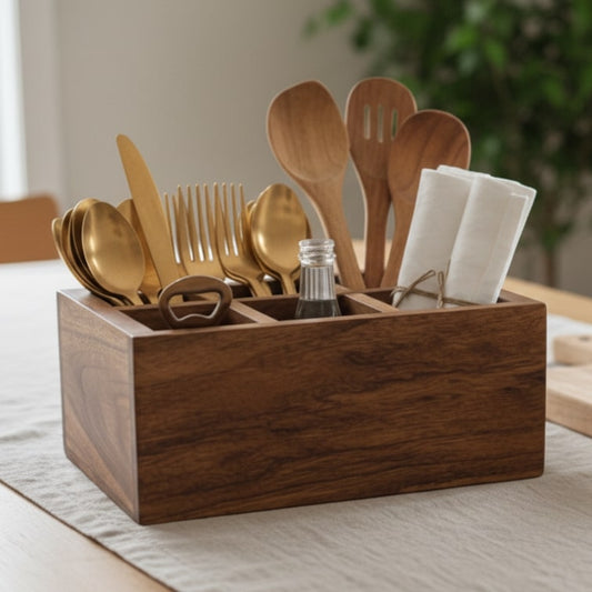 Wooden utensil holder with gold cutlery, wooden spoons, and napkins on a table.