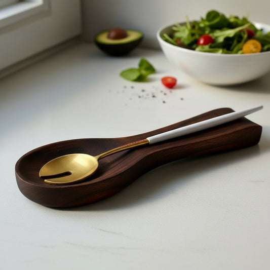 Wooden serving spoon with gold bowl on a white surface, with a bowl of salad in the background.