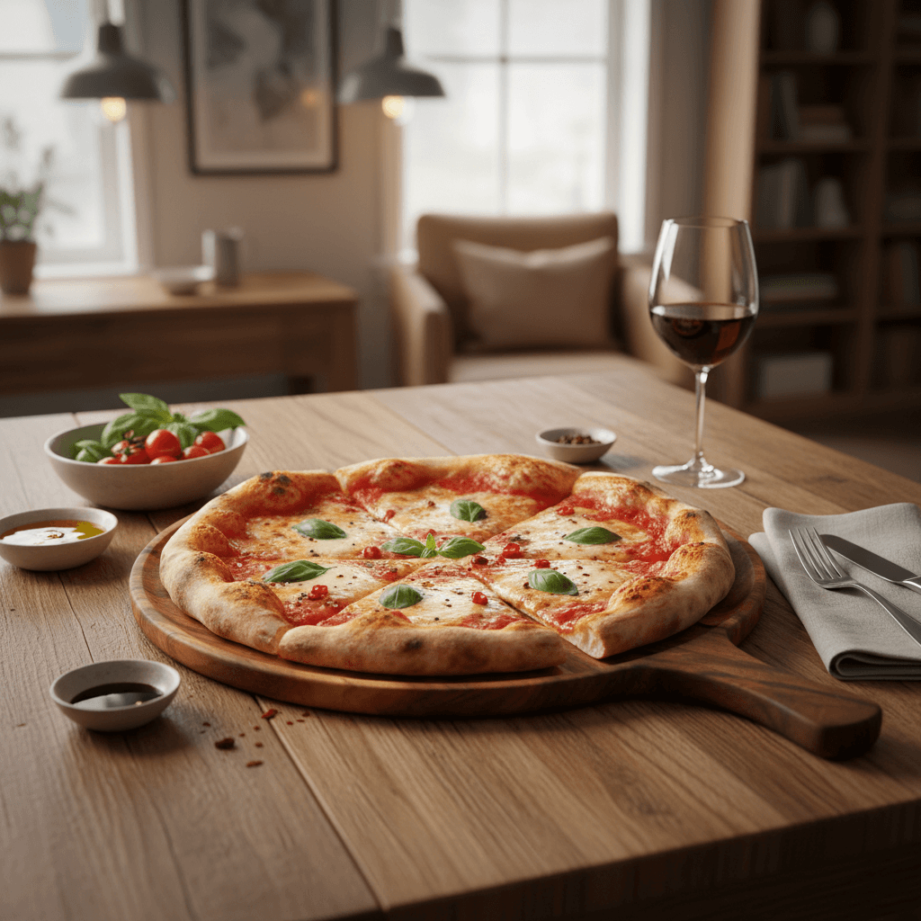 Wooden table with a pizza on a wooden board, accompanied by a glass of red wine, a fork, and a knife.