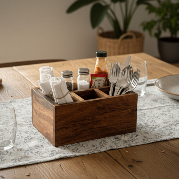 Acacia Wood Cutlery Holder / Organiser 20 Length x 15 width x 10 height cms