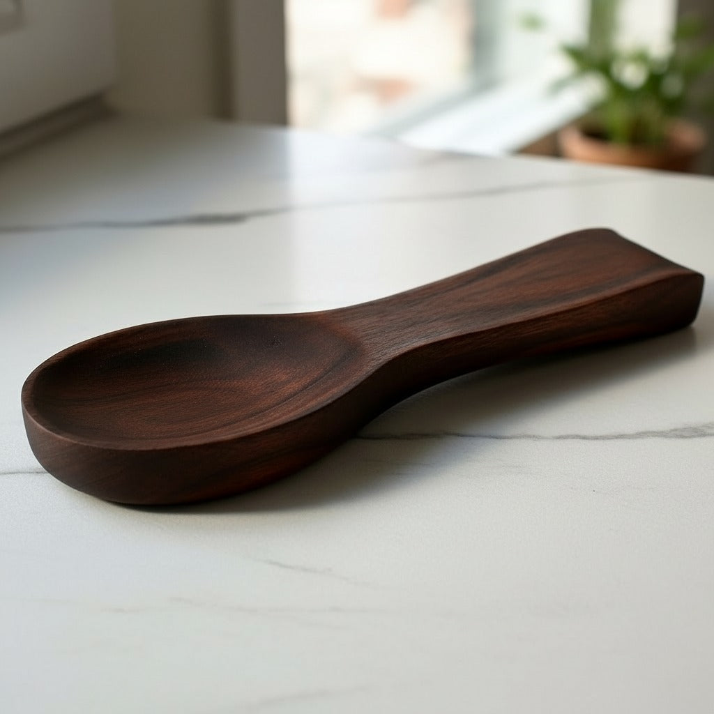 Wooden spoon rest on a marble surface with a blurred background