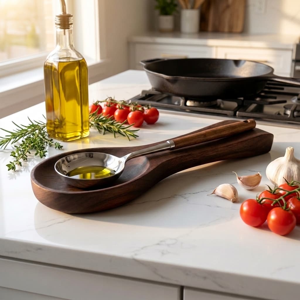 A dark wooden spoon rest holding a stainless steel spoon filled with olive oil, styled on a white marble kitchen countertop with tomatoes, garlic, herbs, a bottle of olive oil, and a cast iron skillet in the background.