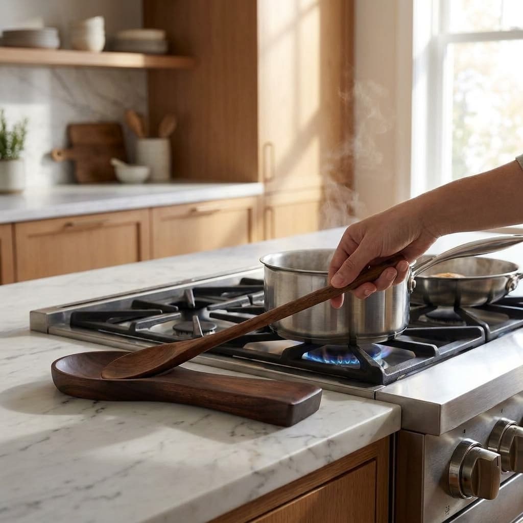 A wooden spoon rest and matching wooden spoon are shown on a marble countertop in a modern kitchen, with a hand stirring a pot on a gas stove.