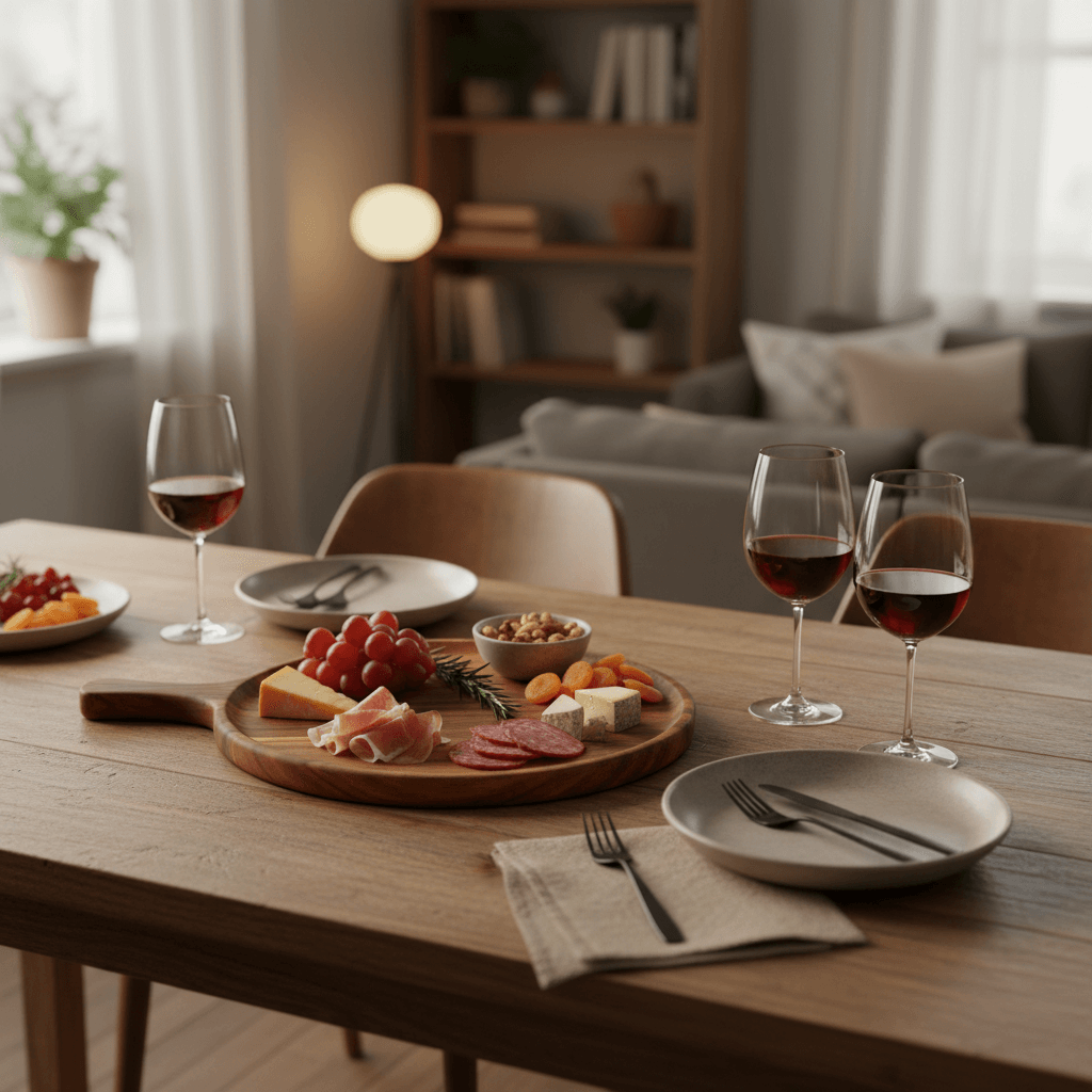 Dining table set with wine glasses, appetizers, and cutlery in a cozy living room.
