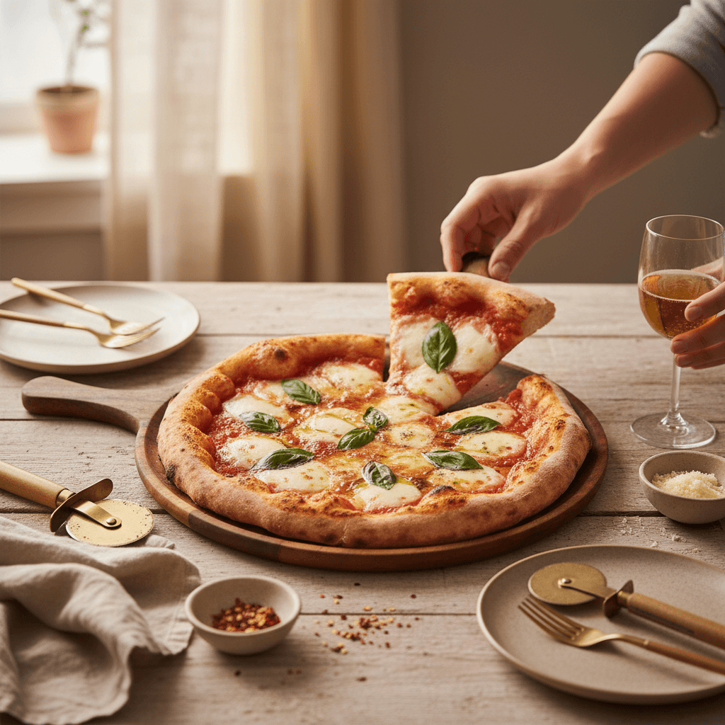 Person picking up a slice of pizza from a wooden board on a table with a glass of beer.