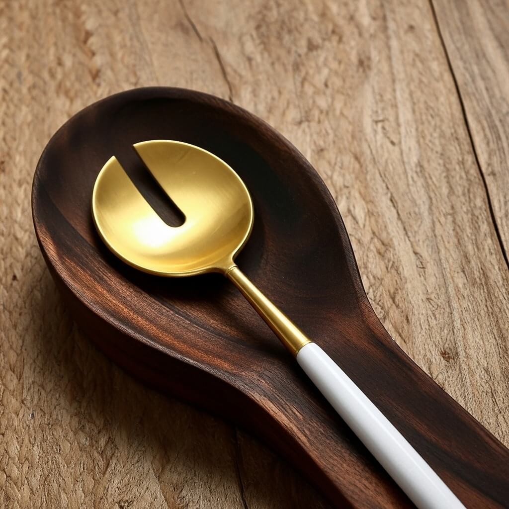 Gold spoon with white handle in a wooden holder on a wooden surface