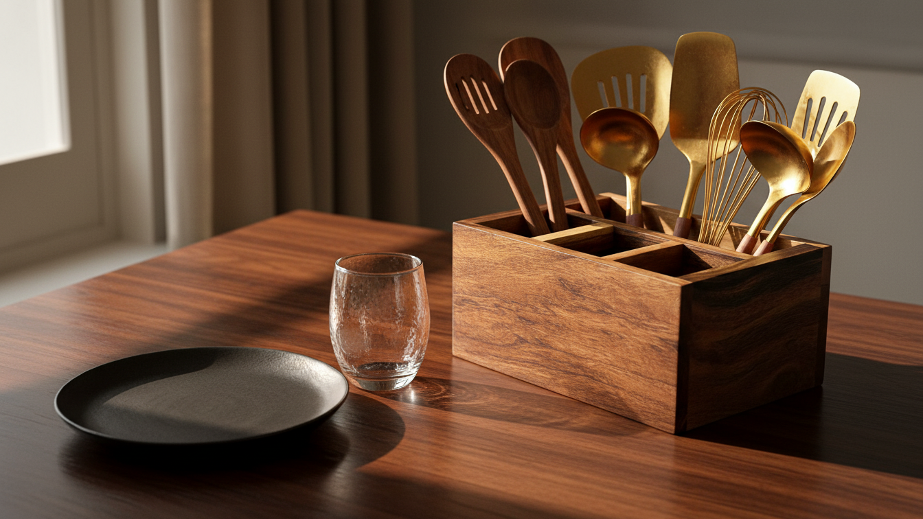 Acacia Wood Cutlery Holder / Organiser 20 Length x 15 width x 10 height cms