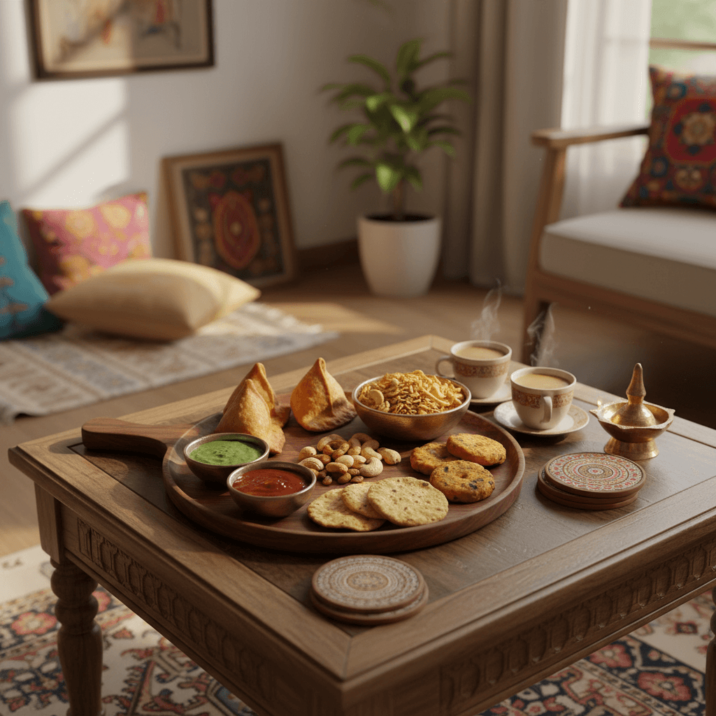 Wooden tray with snacks and drinks on a coffee table in a cozy living room.