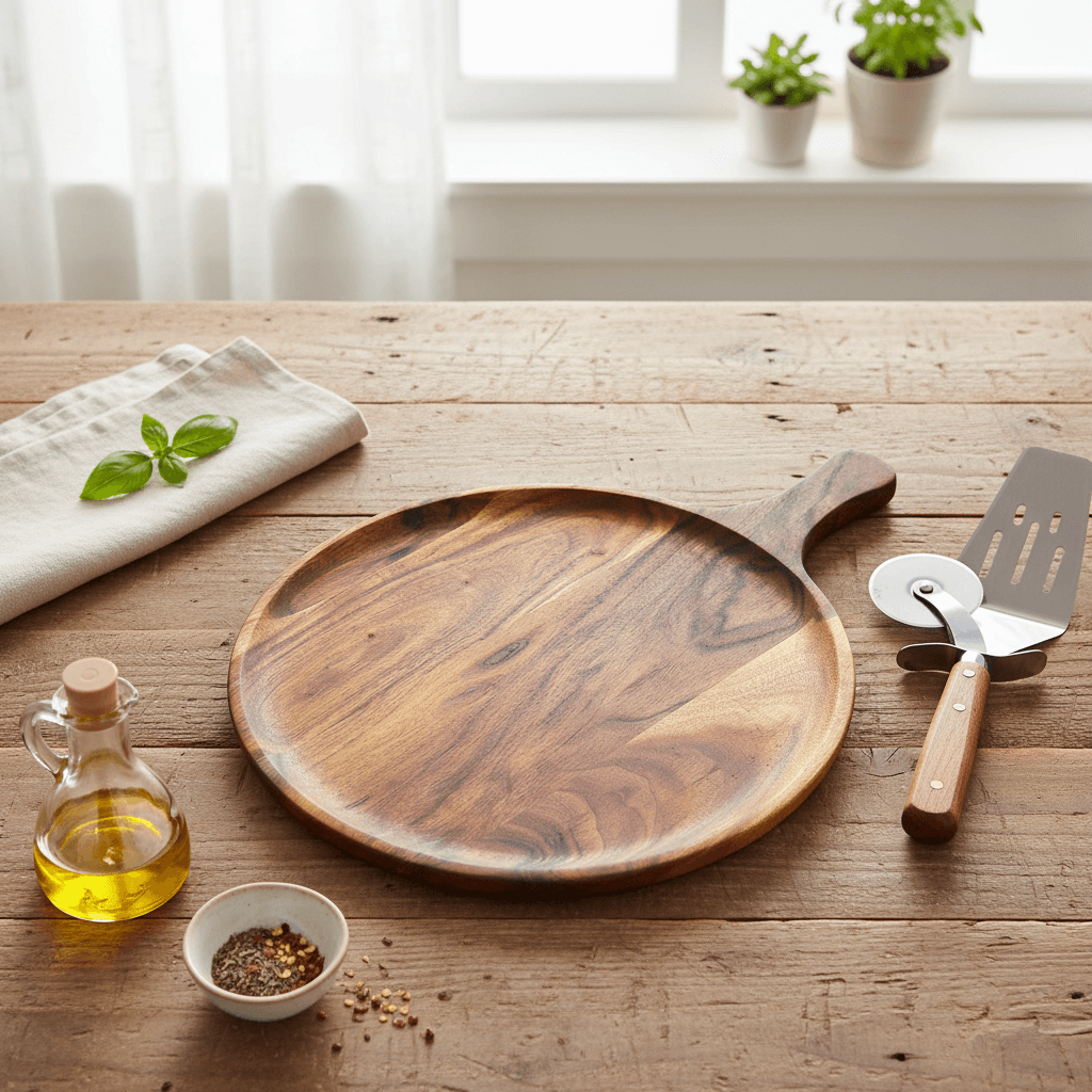 Wooden pizza peel on a wooden table with oil bottle, bowl, and spatula.