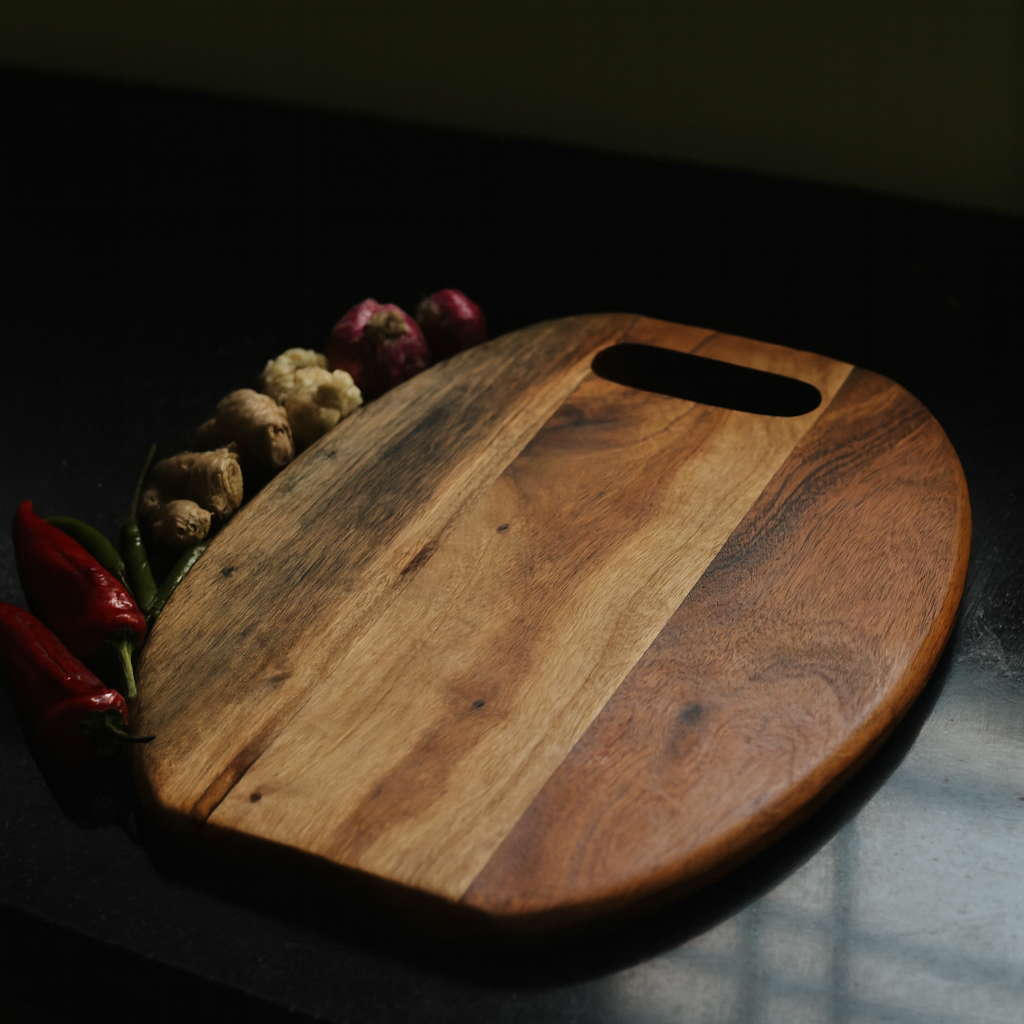  Close-up of the anti-bacterial acacia surface, showing natural wood grain and smooth finish.