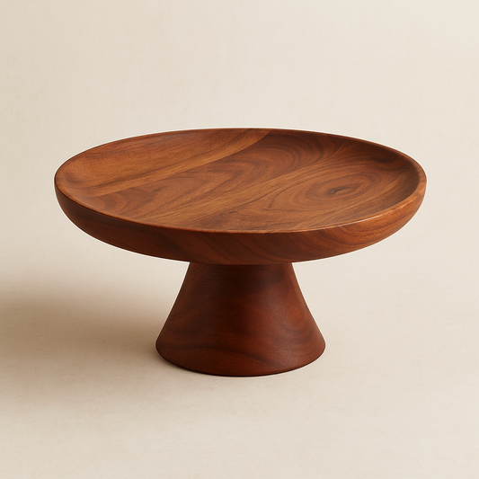 Wooden pedestal table on a beige background