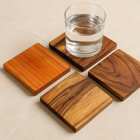 Set of wooden coasters with a glass of water on a beige background