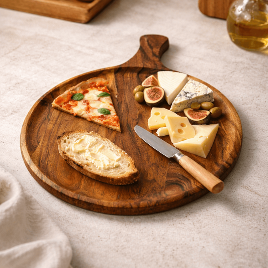 Wooden cutting board with pizza, bread, cheese, and figs on a light surface.