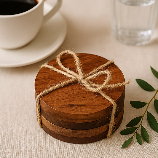 Wooden Coasters | Solid Acacia Wood Round Coasters for Table/Bar | Natural Wood Finish | Elegant & Simple Design | 4 Inch Diameter * 0.5 Inch Thickness | Set of 4