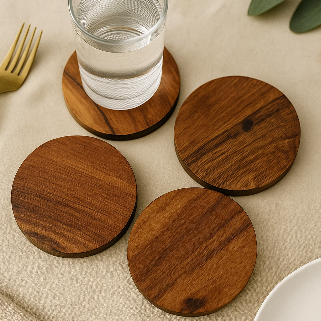 Wooden Coasters | Solid Acacia Wood Round Coasters for Table/Bar | Natural Wood Finish | Elegant & Simple Design | 4 Inch Diameter * 0.5 Inch Thickness | Set of 4