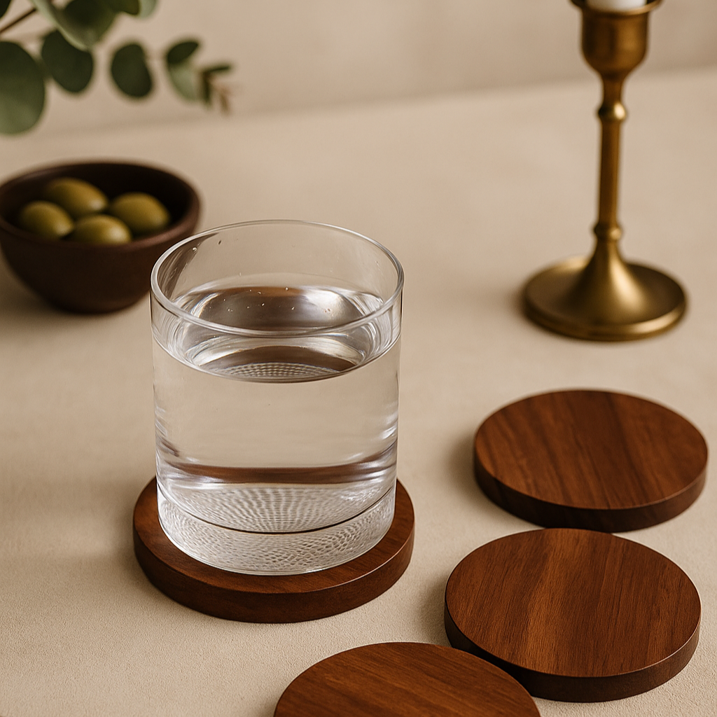 Wooden Coasters | Solid Acacia Wood Round Coasters for Table/Bar | Natural Wood Finish | Elegant & Simple Design | 4 Inch Diameter * 0.5 Inch Thickness | Set of 4