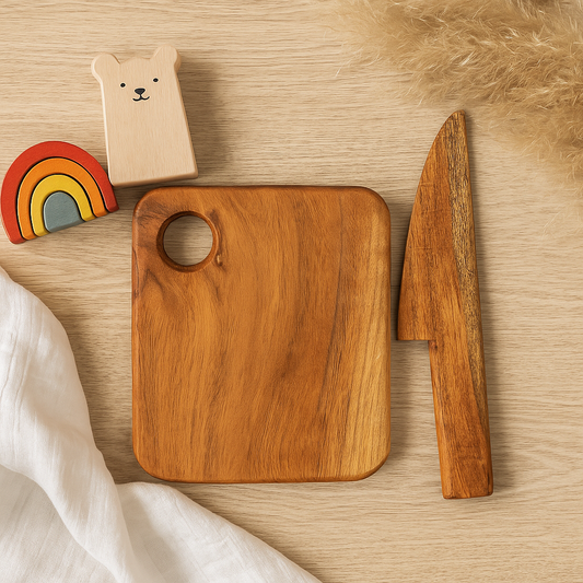 Kids Acacia Wood Cutting Board with Wooden Knife, Food Grade Finish, Ideal size for Young Chefs