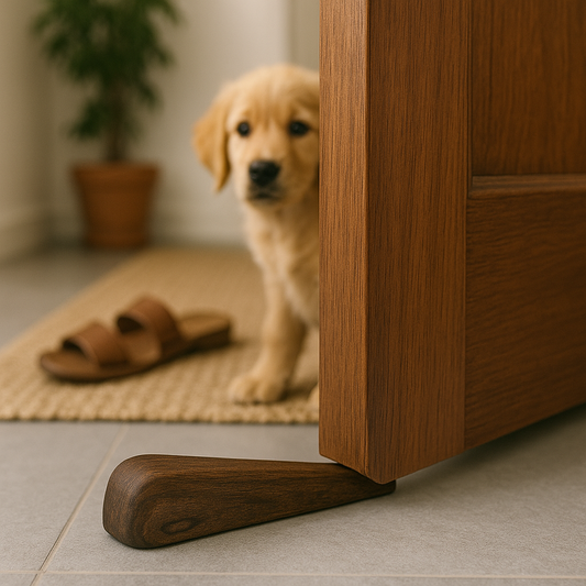 Dog peeking around a wooden door frame with a plant and sandals in the background